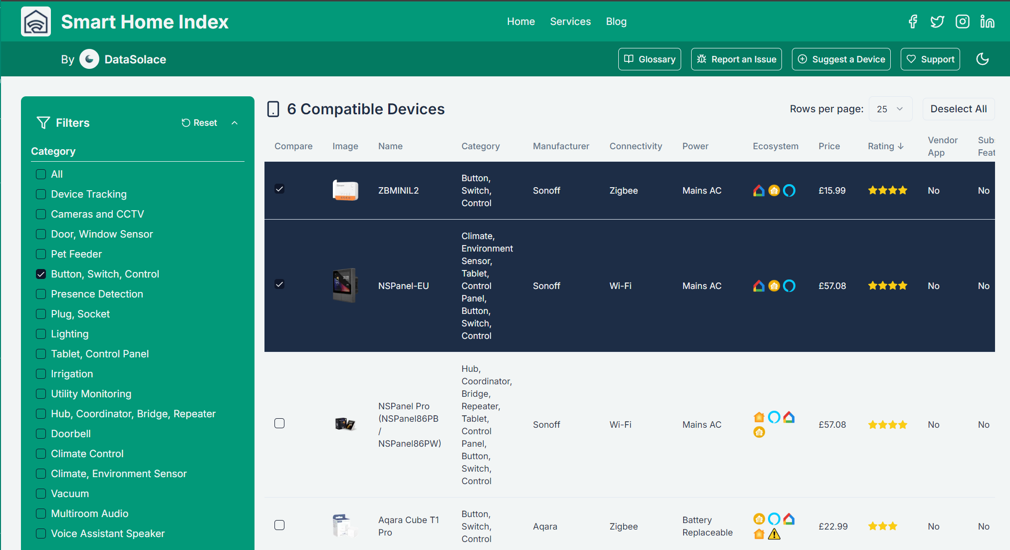 Smart Home Index device selection screen listing comparable smart home devices