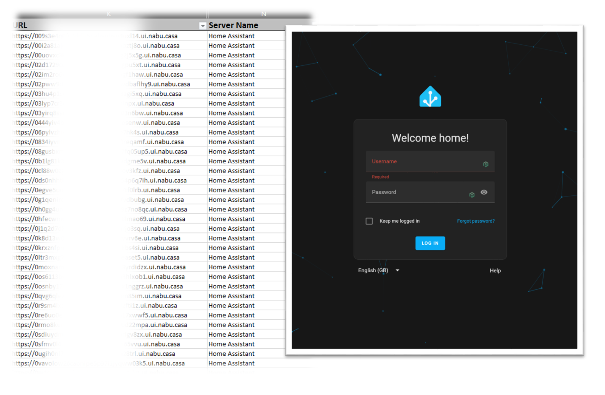 A redacted table of publicly accessible Home Assistant Login pages.